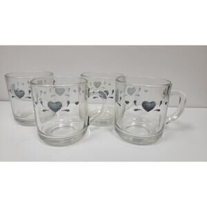 Set of 4 Anchor Hocking Clear Glass Coffee Mugs Corelle Blue Country Heart
